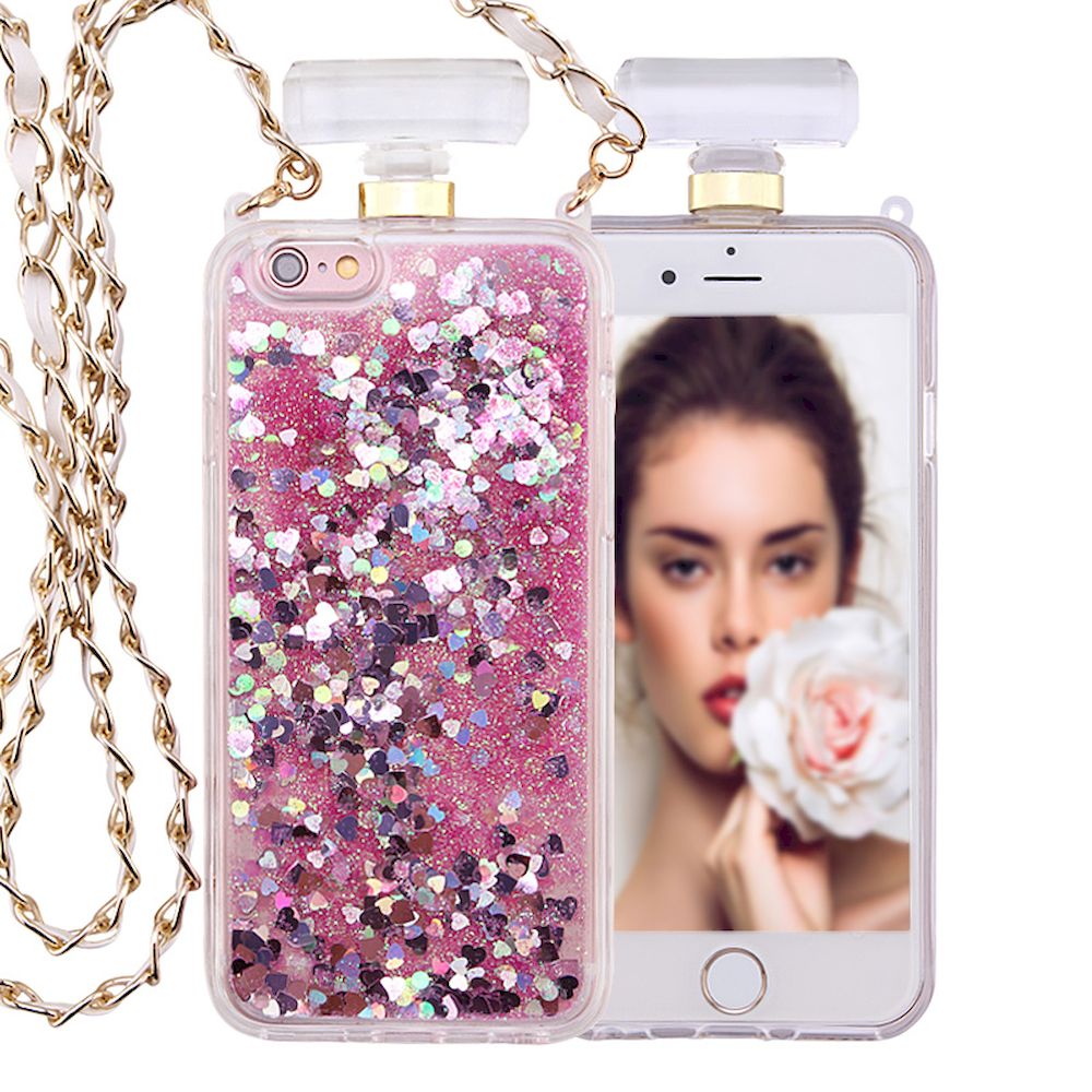 iPhone SE 2022 / 2020 / 8 / 7 PERFUME Bottle Glitter Shake Star Dust Necklace Case (Hot Pink)